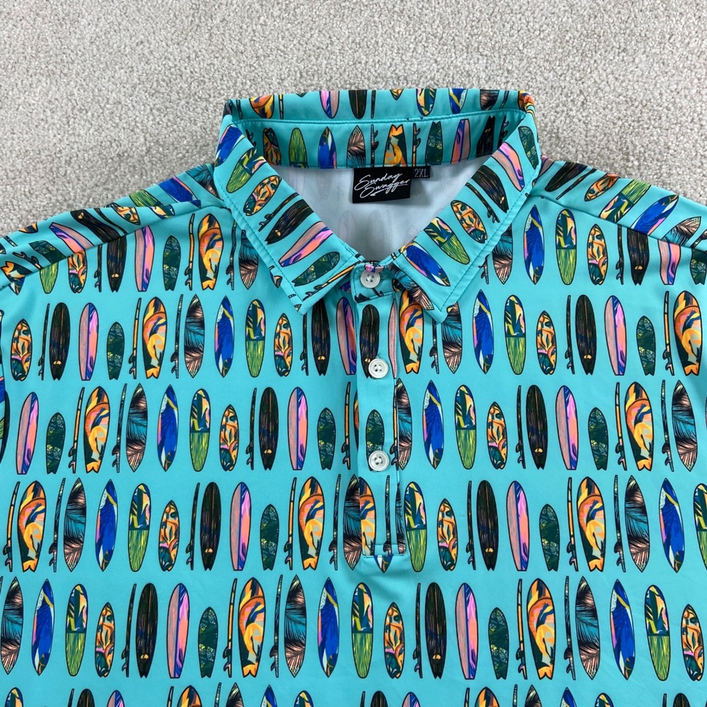 Sunday Swagger Polo Shirt Mens 2XL Blue Surfboard Print Performance Esplanade